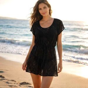 Club Z Collection Black Lace Beach Cover Up Size L Adjustable Waist Swim Cover